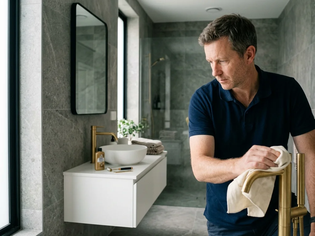 Artisan aux finitions d'une robinetterie dorée dans une salle de bain moderne rénovée.