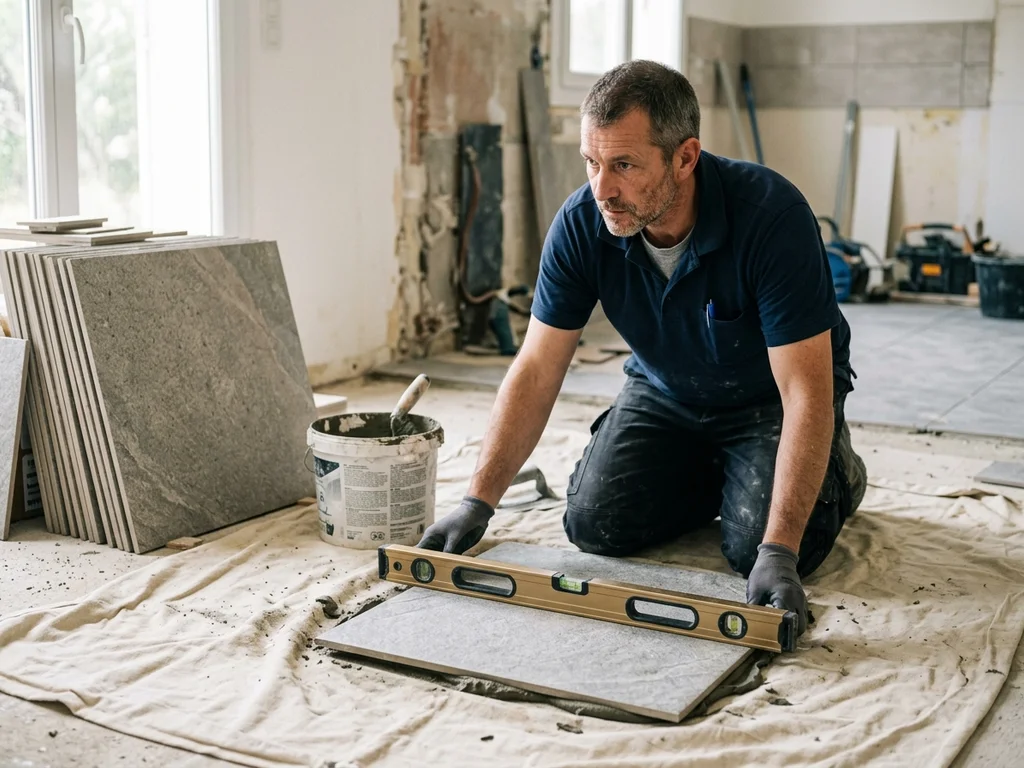Artisan expert posant du carrelage à Mauguio pour un projet de rénovation adapté au logement.