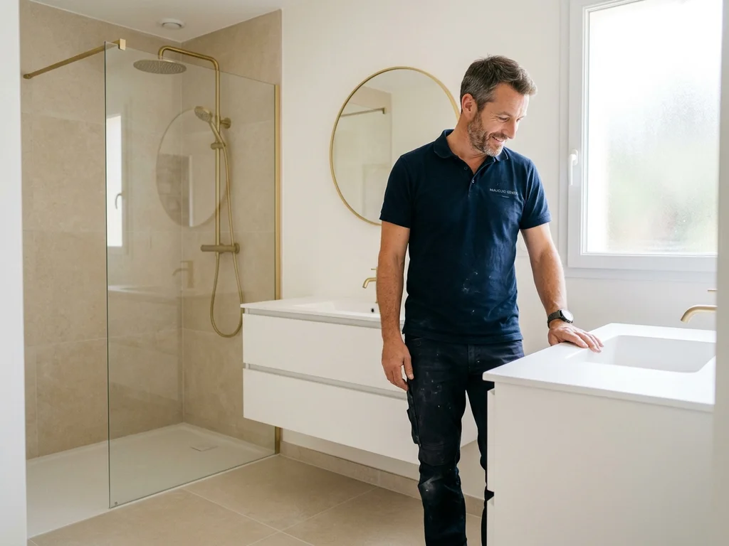Artisan inspectant une douche à l'italienne moderne et élégante à Mauguio.