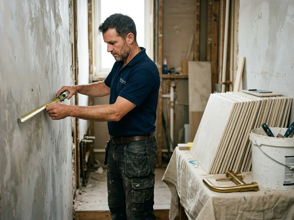 Un artisan expert mesure une paroi dans une salle de bain en cours de rénovation à Montpellier.