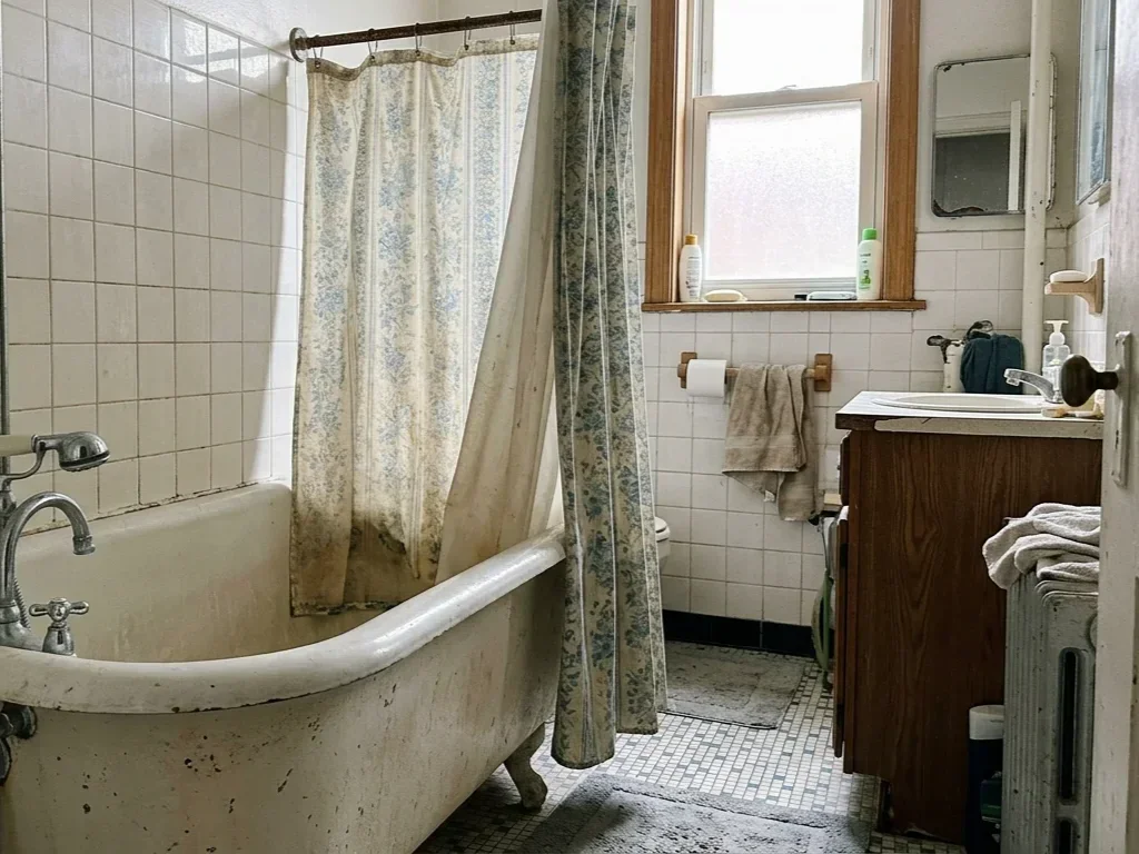 Expert examinant une vieille baignoire haute et abîmée, illustrant les problèmes d'accessibilité et d'usure.