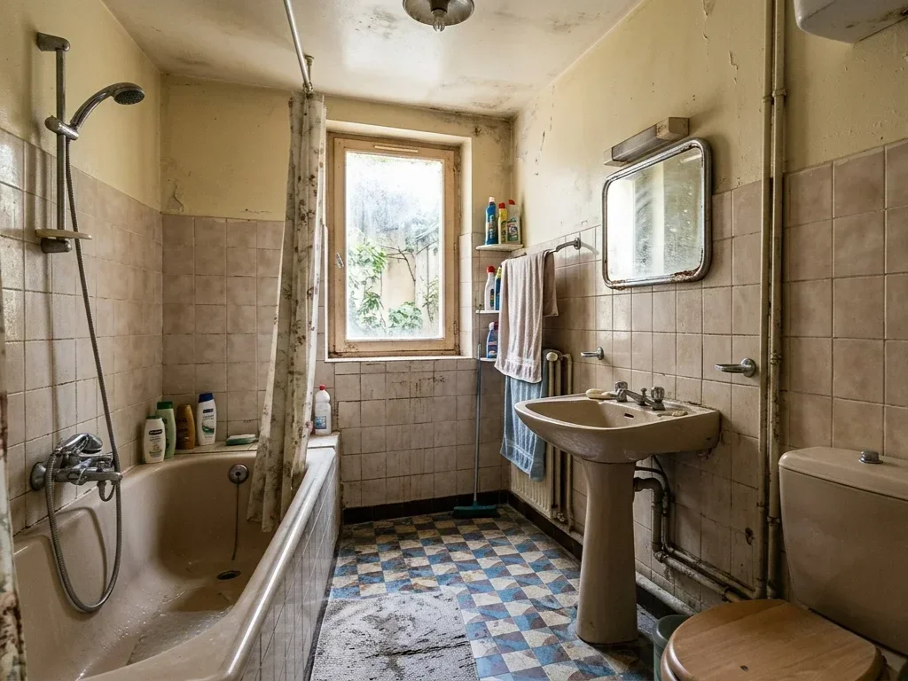 Artisan évaluant une salle de bain délabrée avant une rénovation complète et moderne à Montpellier.