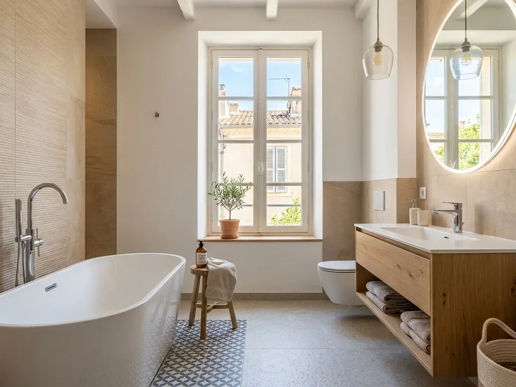 Artisan vérifiant les finitions d'une douche à l'italienne rénovée avec soin à Montpellier.