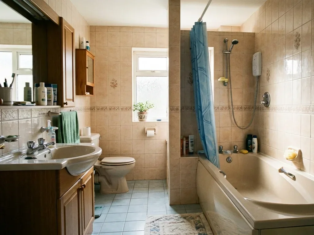 Un expert évalue une baignoire ancienne pour préparer une rénovation complète en douche moderne.