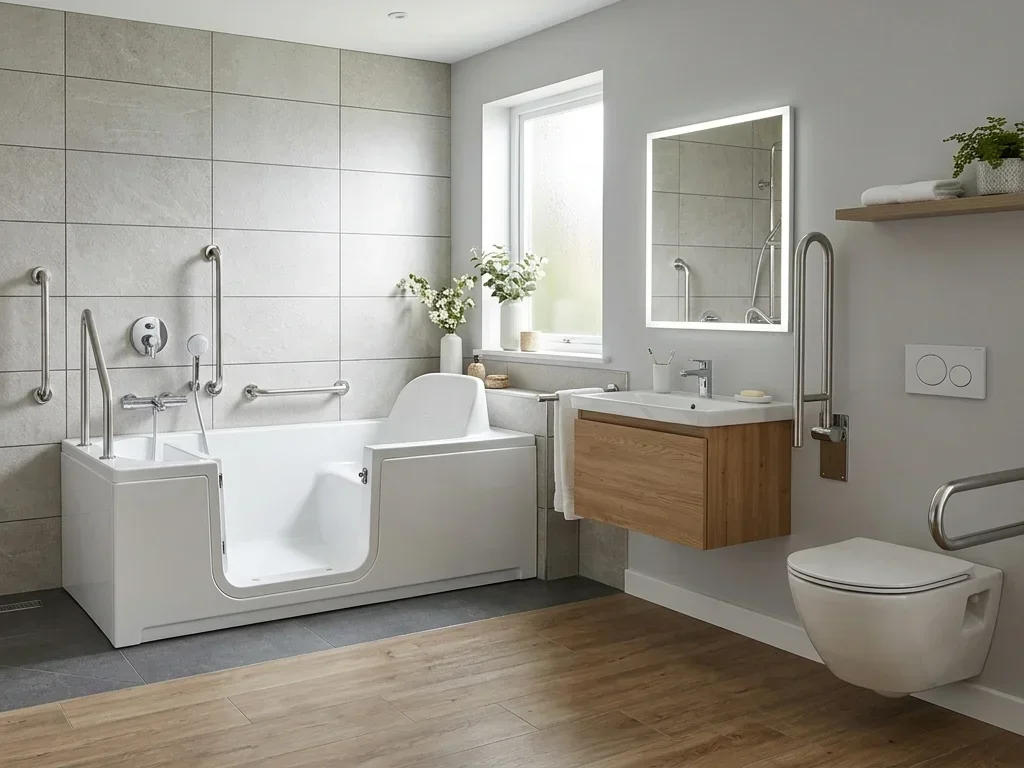 Expert évaluant l'accessibilité d'une salle de bain ancienne pour un aménagement PMR sécurisé.
