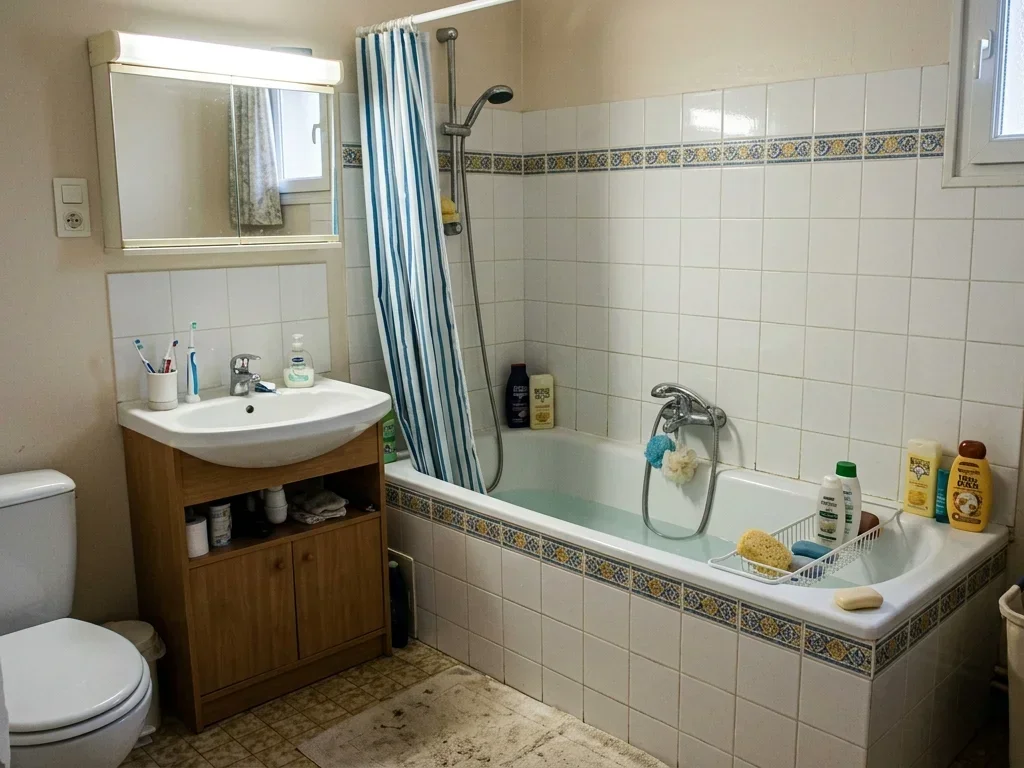 Artisan examinant une baignoire vétuste à Lattes, préparant la transformation complète de la salle de bain.
