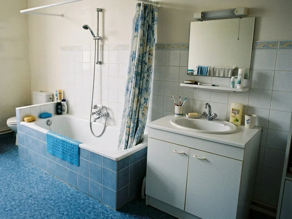 Artisan mesurant une ancienne baignoire avant sa transformation en douche moderne à Montpellier.