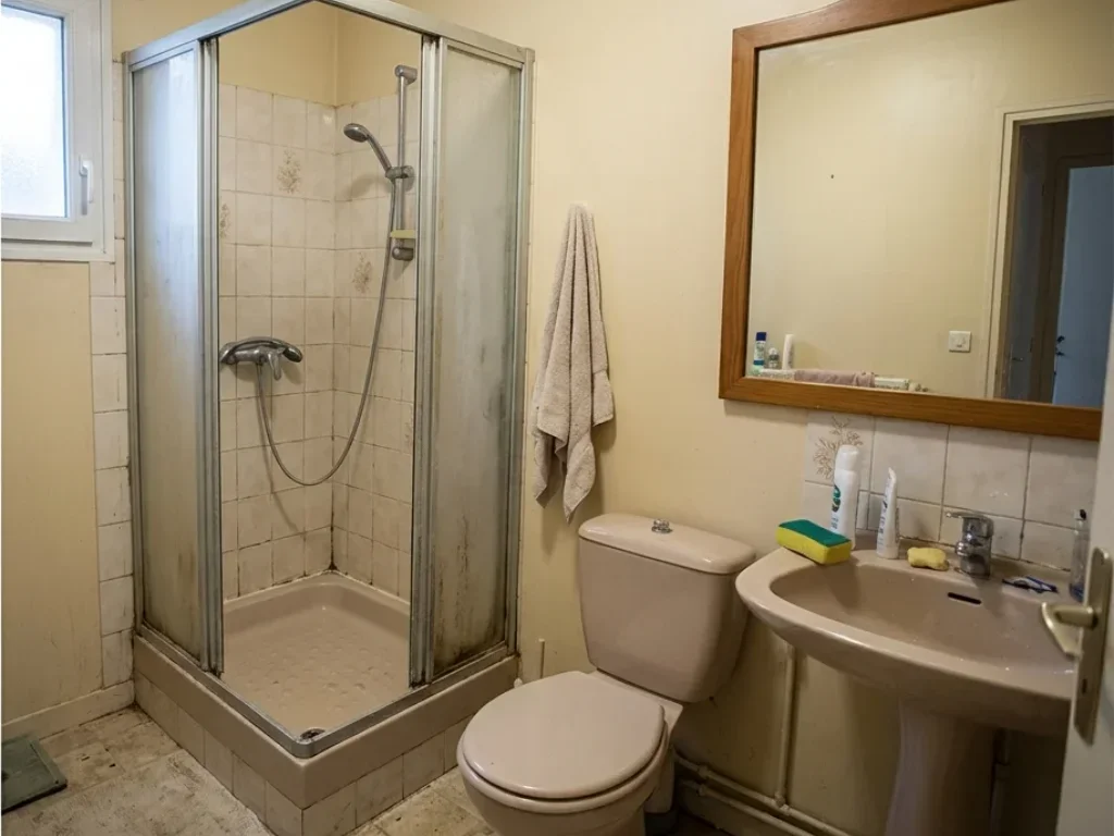 Senior évaluant l'espace exigu d'une salle de bain vétuste avant sa transformation PMR.