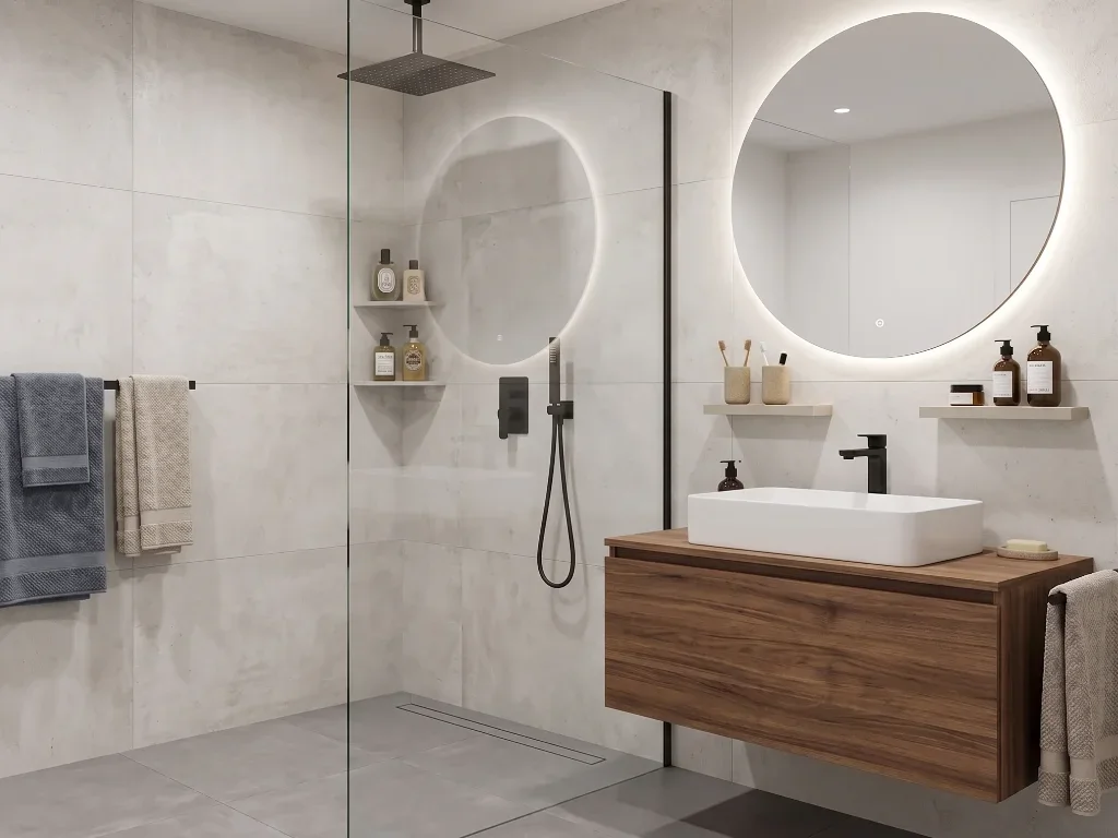 Artisan examinant les finitions d'une douche à l'italienne, témoignant d'une rénovation de haute qualité.
