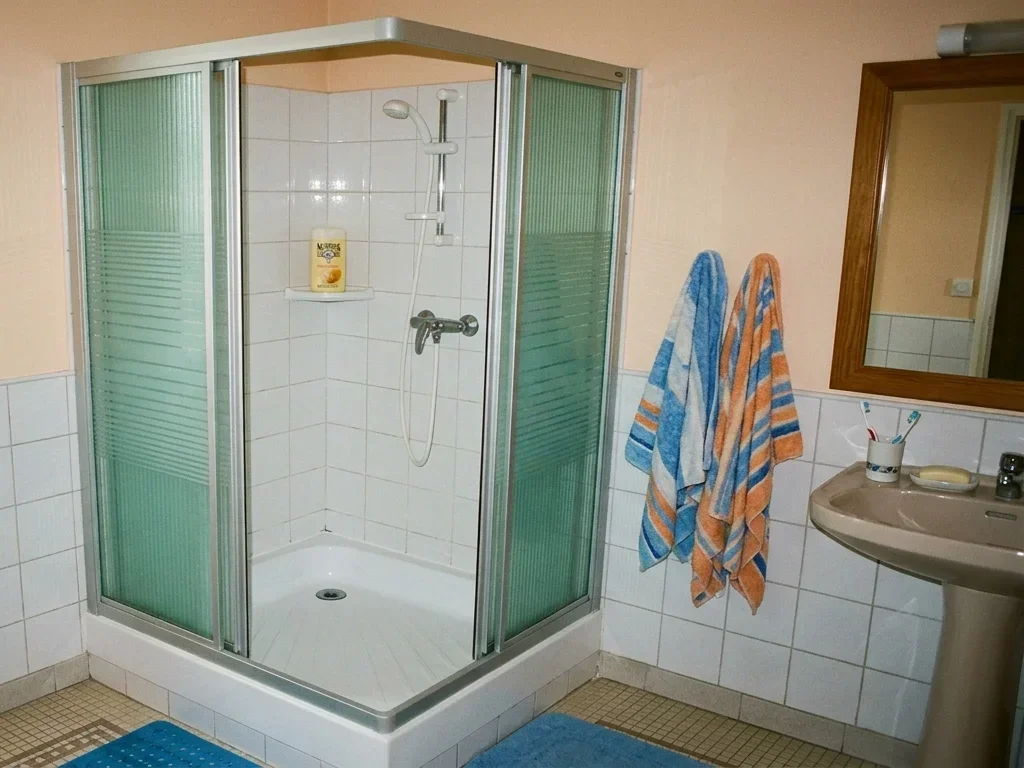 Ancienne cabine de douche vieillissante à la paroi calcaire, avant rénovation.
