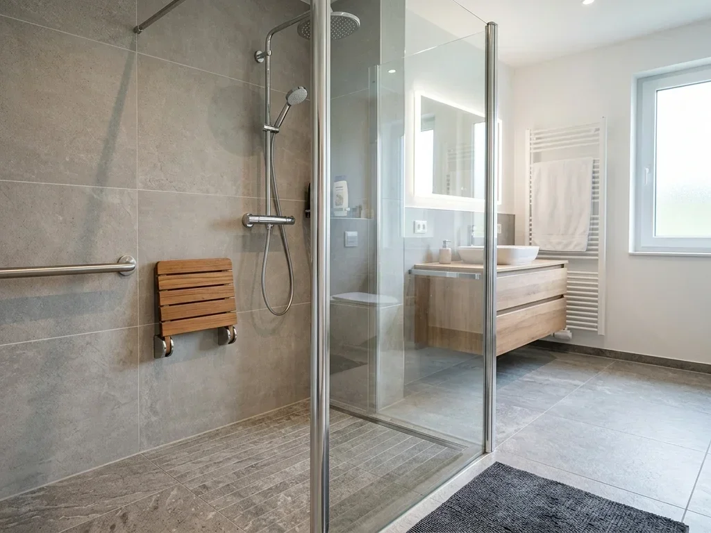 Douche sécurisée avec barre d'appui et receveur antidérapant pour un usage senior et PMR.