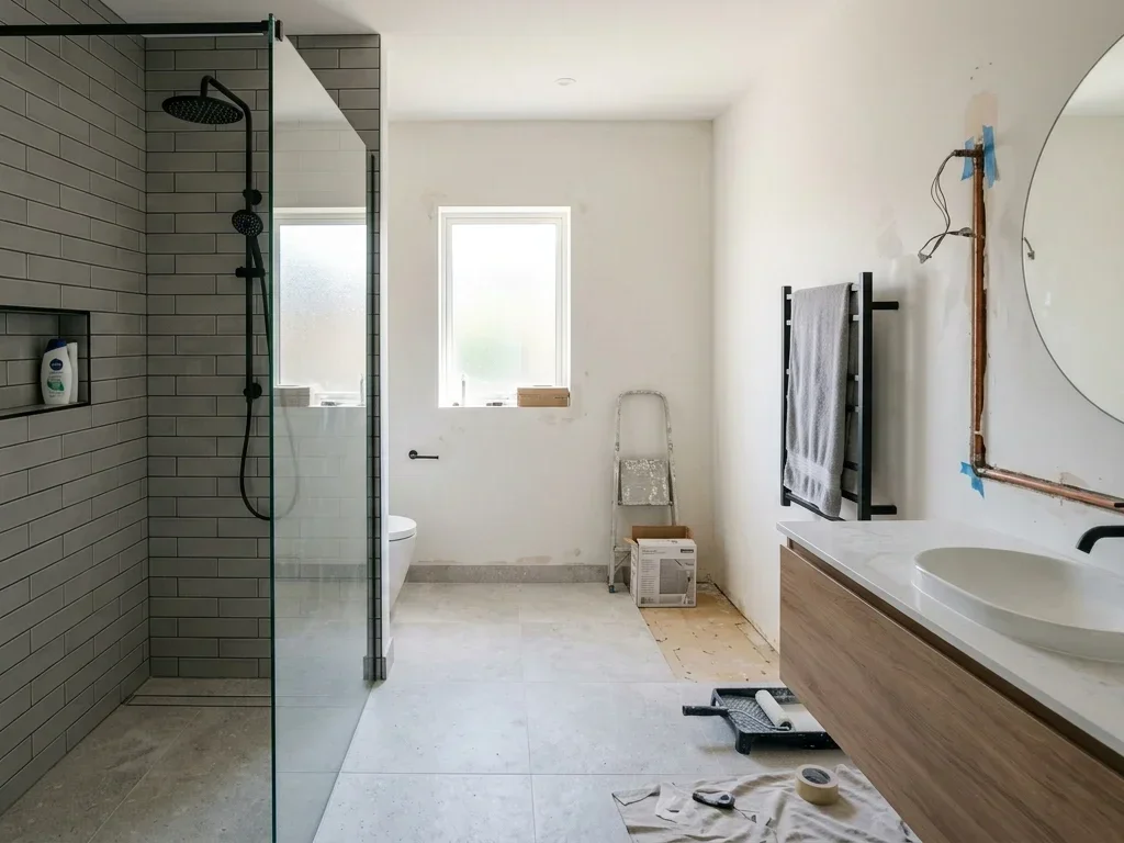 Artisan prenant les mesures d'une salle de bain en cours de rénovation complète à Montpellier.