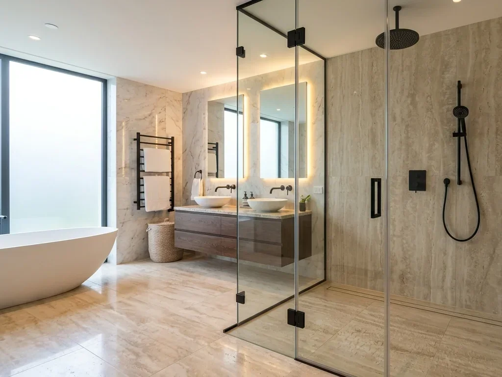 Douche à l'italienne design sans rebord, intégrée au carrelage d'une salle de bain moderne.