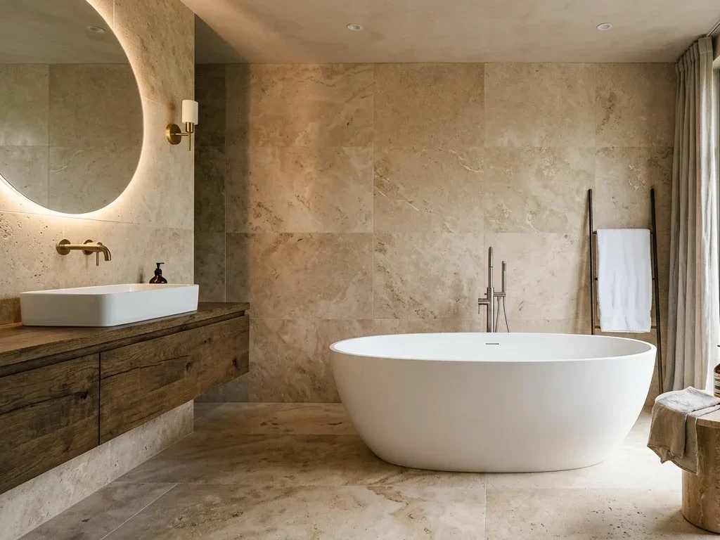 Artisan installant une baignoire encastrée blanche dans une salle de bain moderne en travertin.