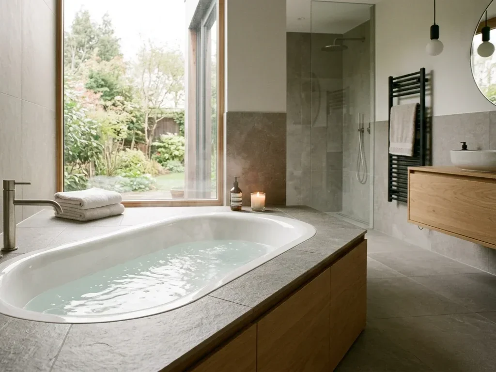Baignoire encastrée moderne installée par un artisan, soulignant une rénovation confortable et épurée.