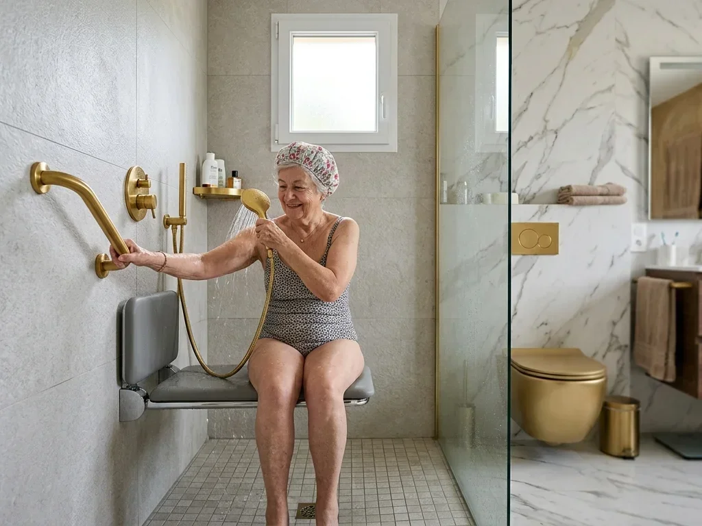 Senior utilisant une douche s�curis�e avec barre d'appui dor�e dans une salle de bain PMR design.