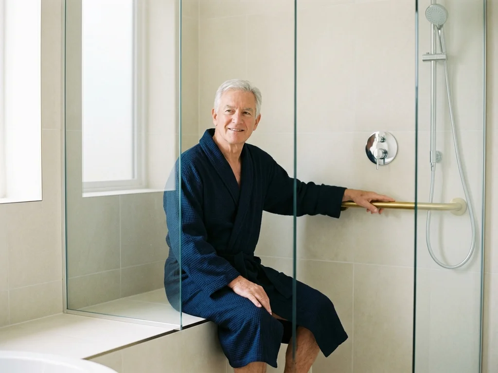 Senior utilisant une douche de plain-pied avec barre d'appui dorée pour une sécurité optimale.