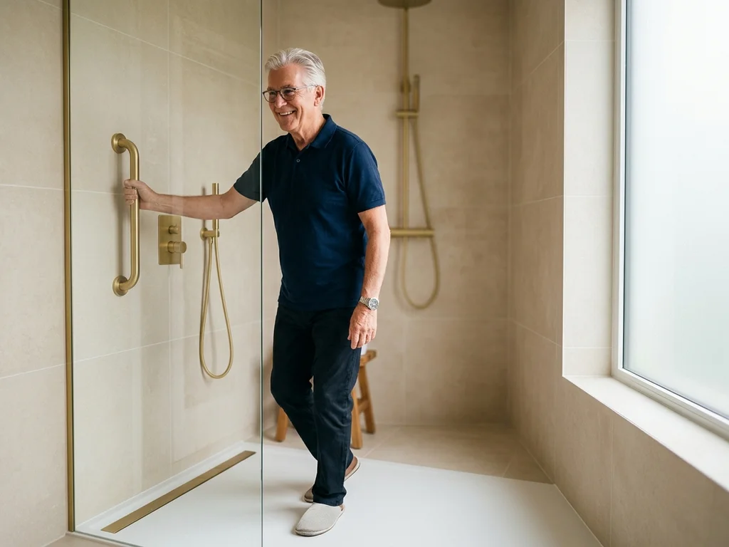 Un senior accède en sécurité à une douche de plain-pied avec barre de maintien dorée.
