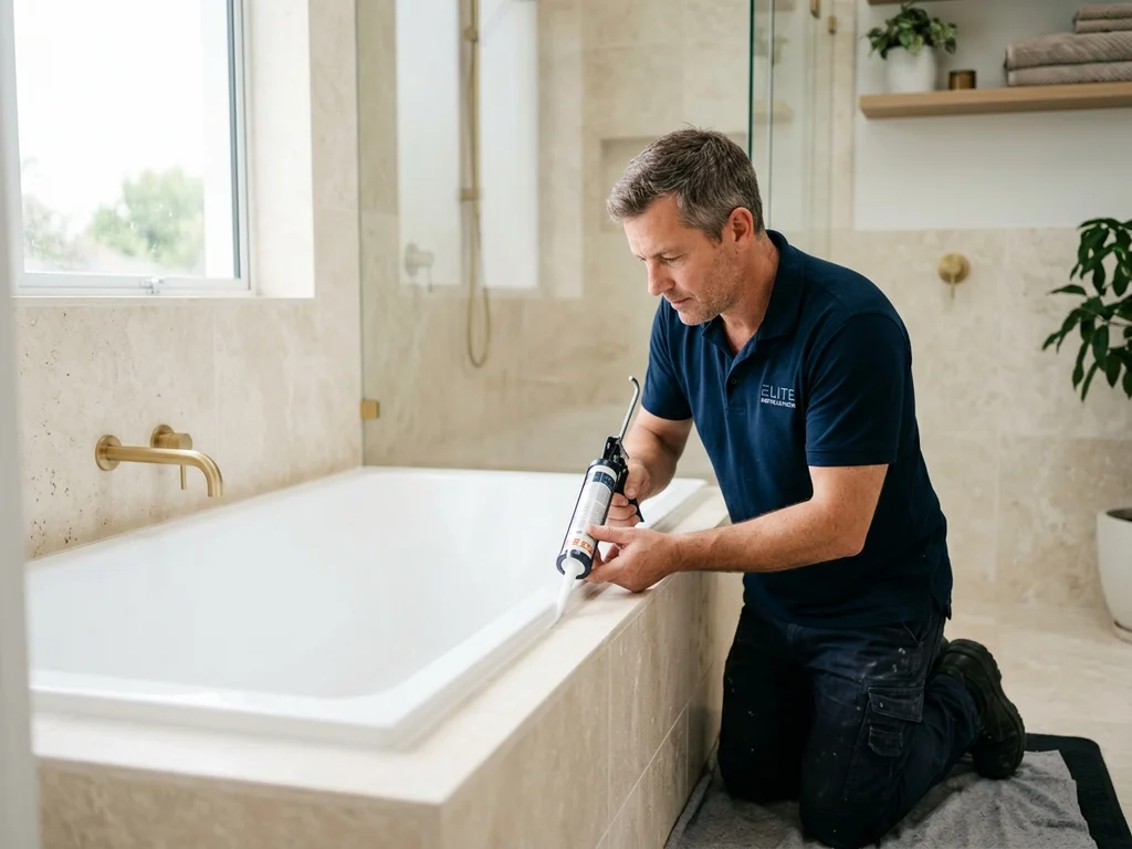 Artisan installant une baignoire moderne dans une salle de bain rénovée aux tons crème.