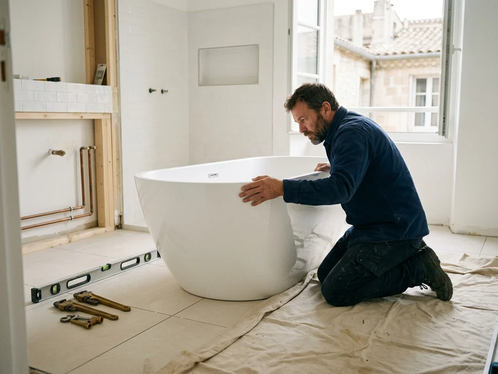 Artisan installant une baignoire moderne et blanche pour remplacer un ancien modèle démodé.