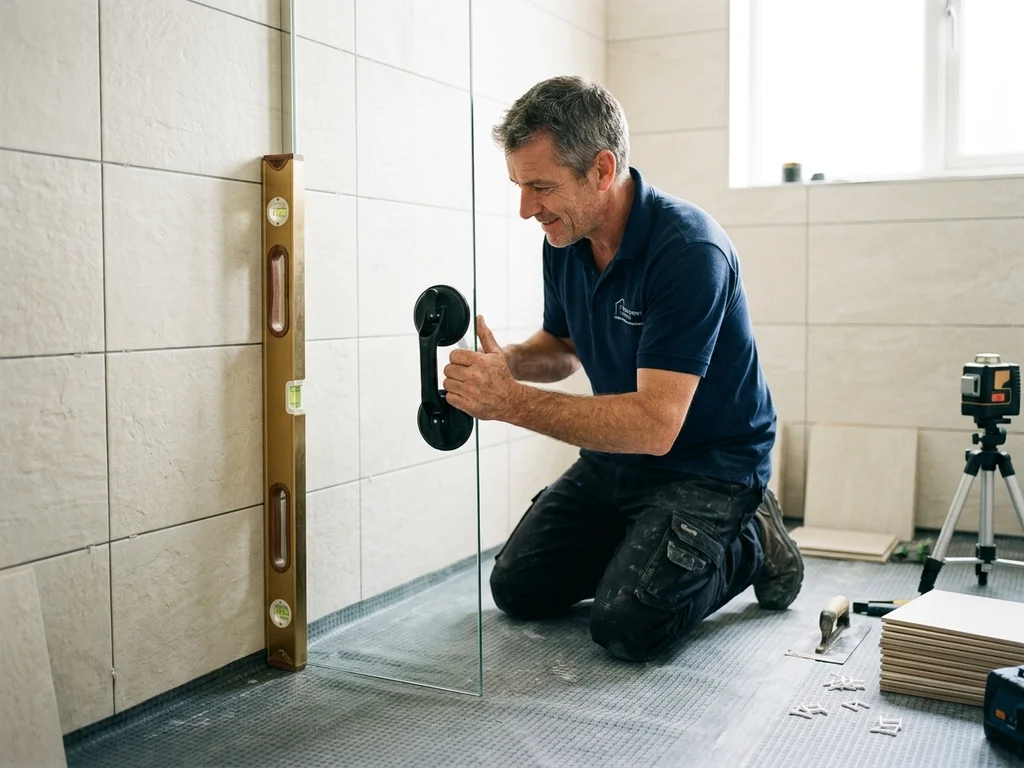 Artisan carrelant une douche à l'italienne moderne lors d'une installation à Montpellier.