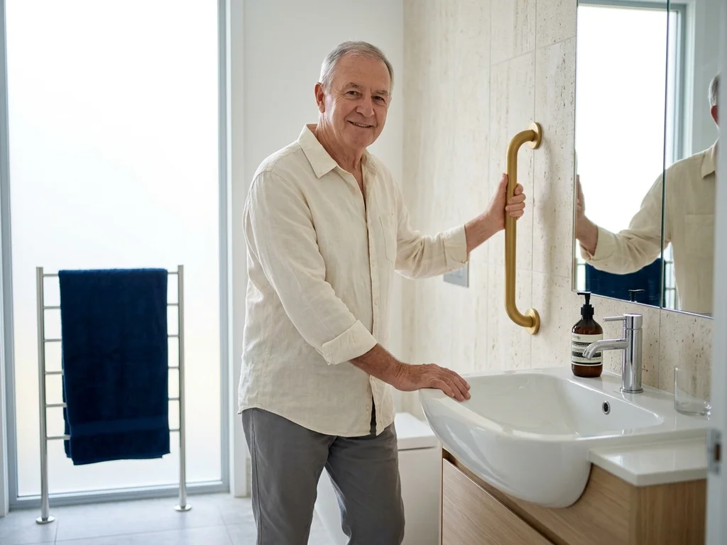 Un senior utilise un lavabo ergonomique avec une barre de maintien sécurisée et élégante.