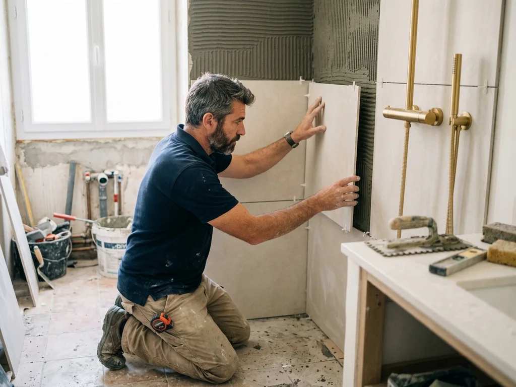 Artisan expert posant du carrelage pour une rénovation de salle de bain complète à Lattes.