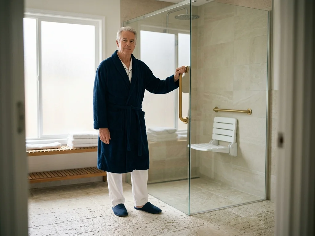 Homme senior utilisant une barre de maintien dorée et un siège de douche rabattable sécurisé.